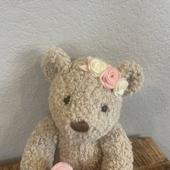 Floral Services Brown Soft Plush Teddy Bear with Pink Hearts Flowers 12” Sitting - Picture 3 of 8